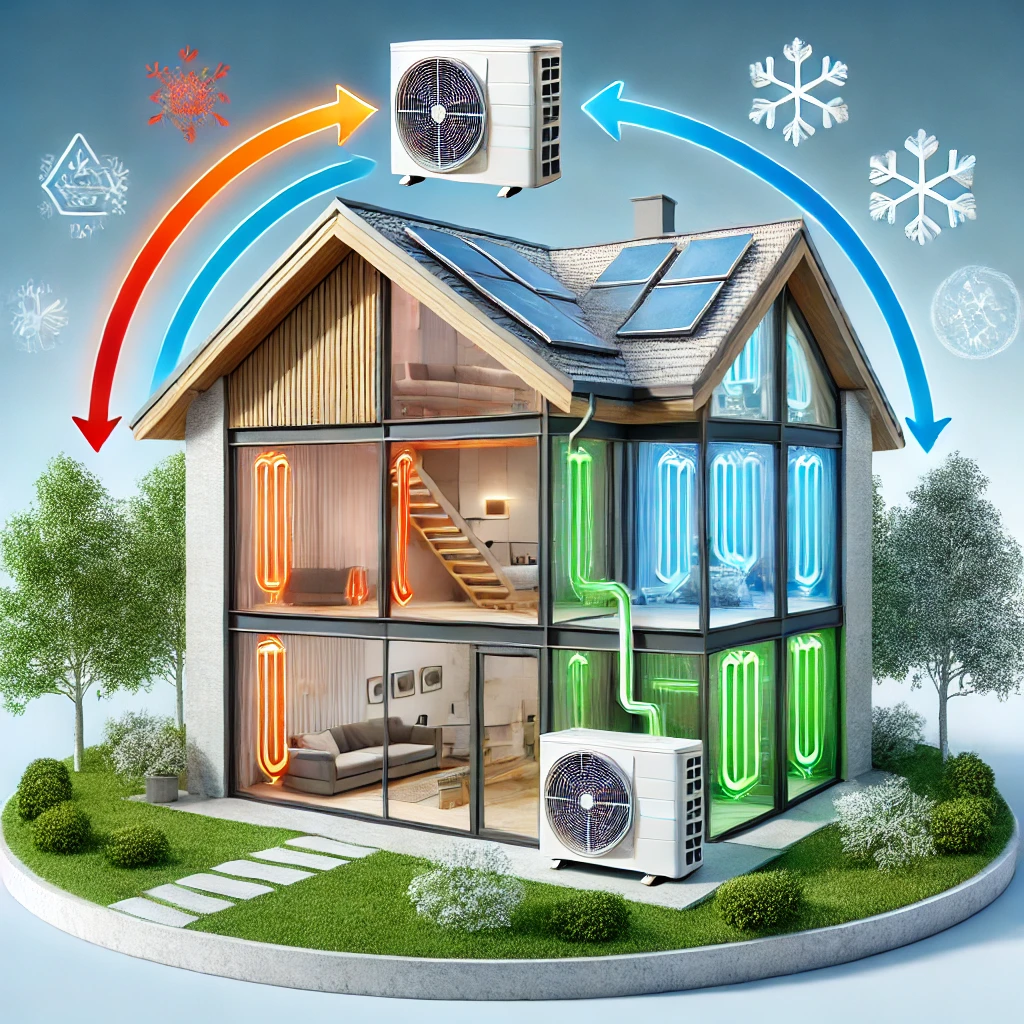 Imagen ilustrativa de aerotermia en vivienda moderna, mostrando el sistema de calefacción, refrigeración y agua caliente sanitaria mediante el uso de energía renovable del aire exterior.