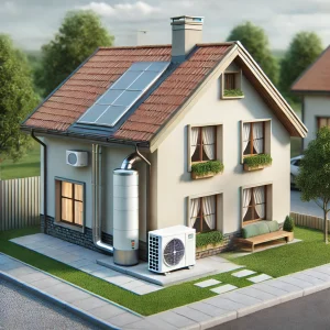 Una casa residencial típica equipada con un sistema de aerotermia, destacando como una solución sostenible y eficiente para la climatización del hogar. El sistema, visible con su unidad exterior junto a la pared, muestra cómo la aerotermia puede integrarse fácilmente en viviendas comunes, contribuyendo al ahorro energético y al cuidado del medio ambiente.